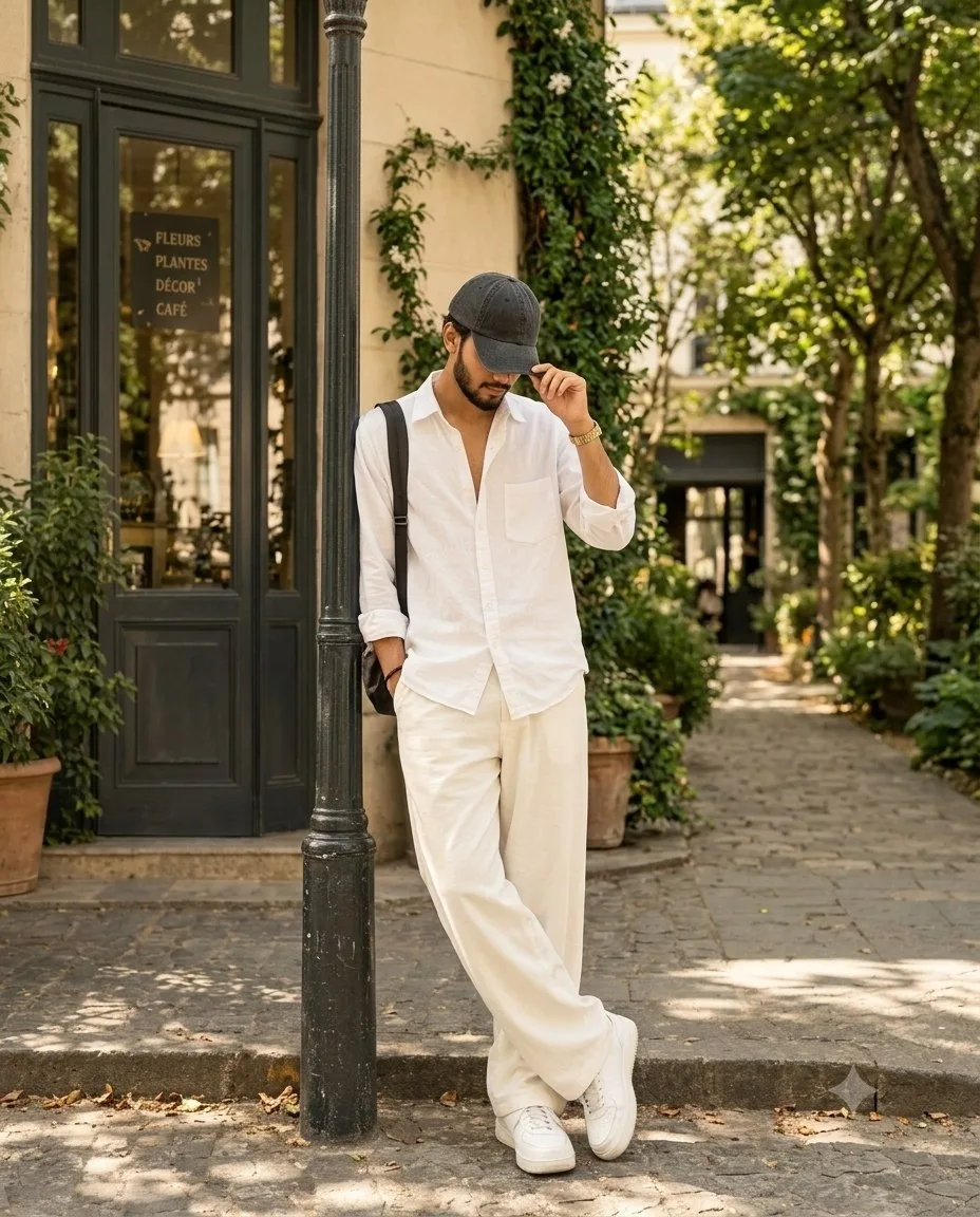 Create an ultra-realistic cinematic vertical 4:5 full-body fashion photograph of a young South Asian Indian man standing casually outdoors
