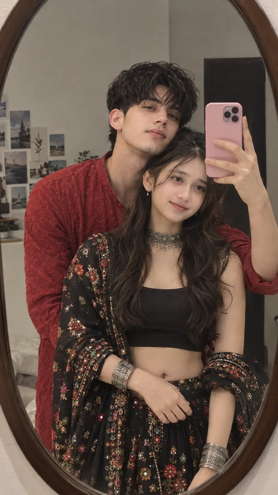 Indian couple mirror selfie in an oval wall mirror, boy (BKT male lock: curly messy bedhead hair, short natural stubble, no glasses) in a