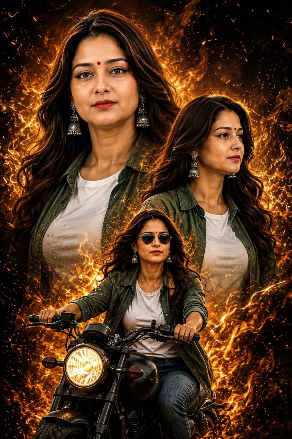 A dramatic and action-packed movie poster style collage featuring an Indian woman with fierce determination.