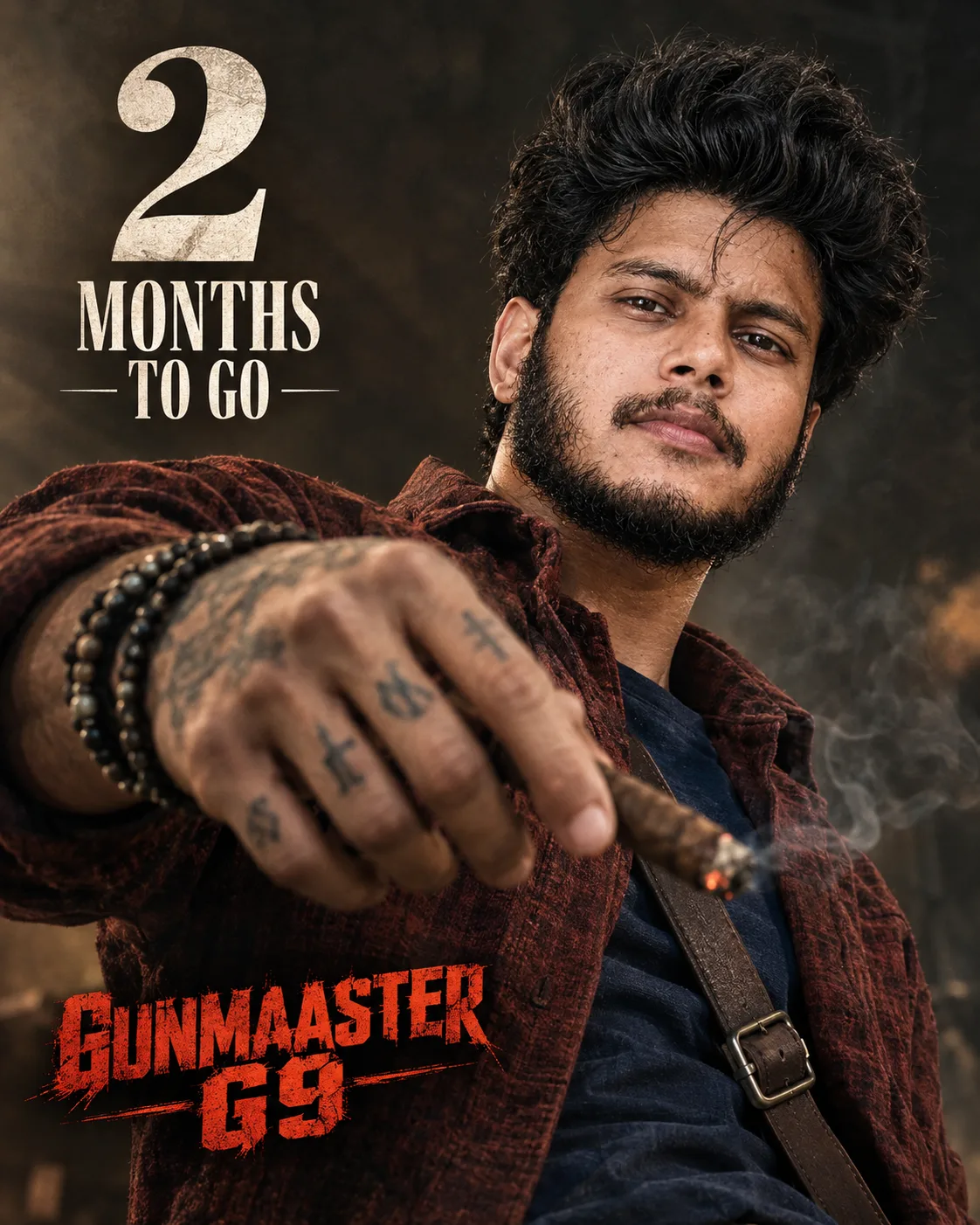 Create an ultra-realistic cinematic Indian action-film poster, vertical 4:5 composition, 8K photorealistic quality.