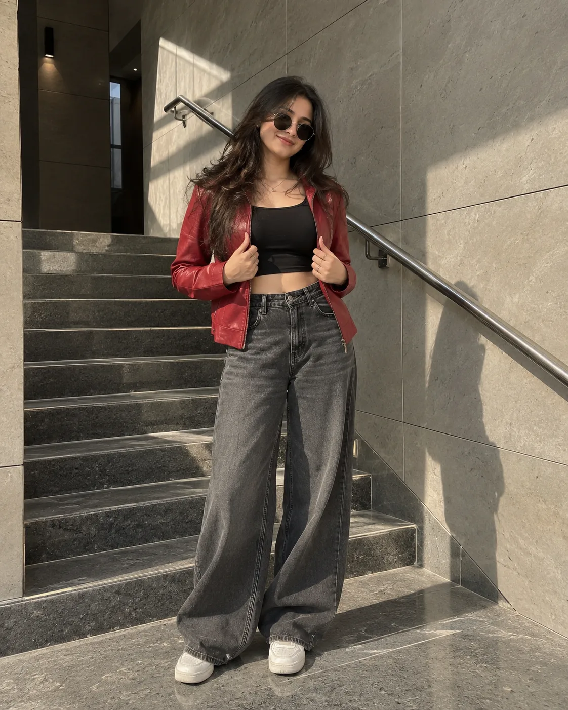 Full-body photograph of a fashionable young woman posing in a modern indoor staircase with concrete-like tiled walls.