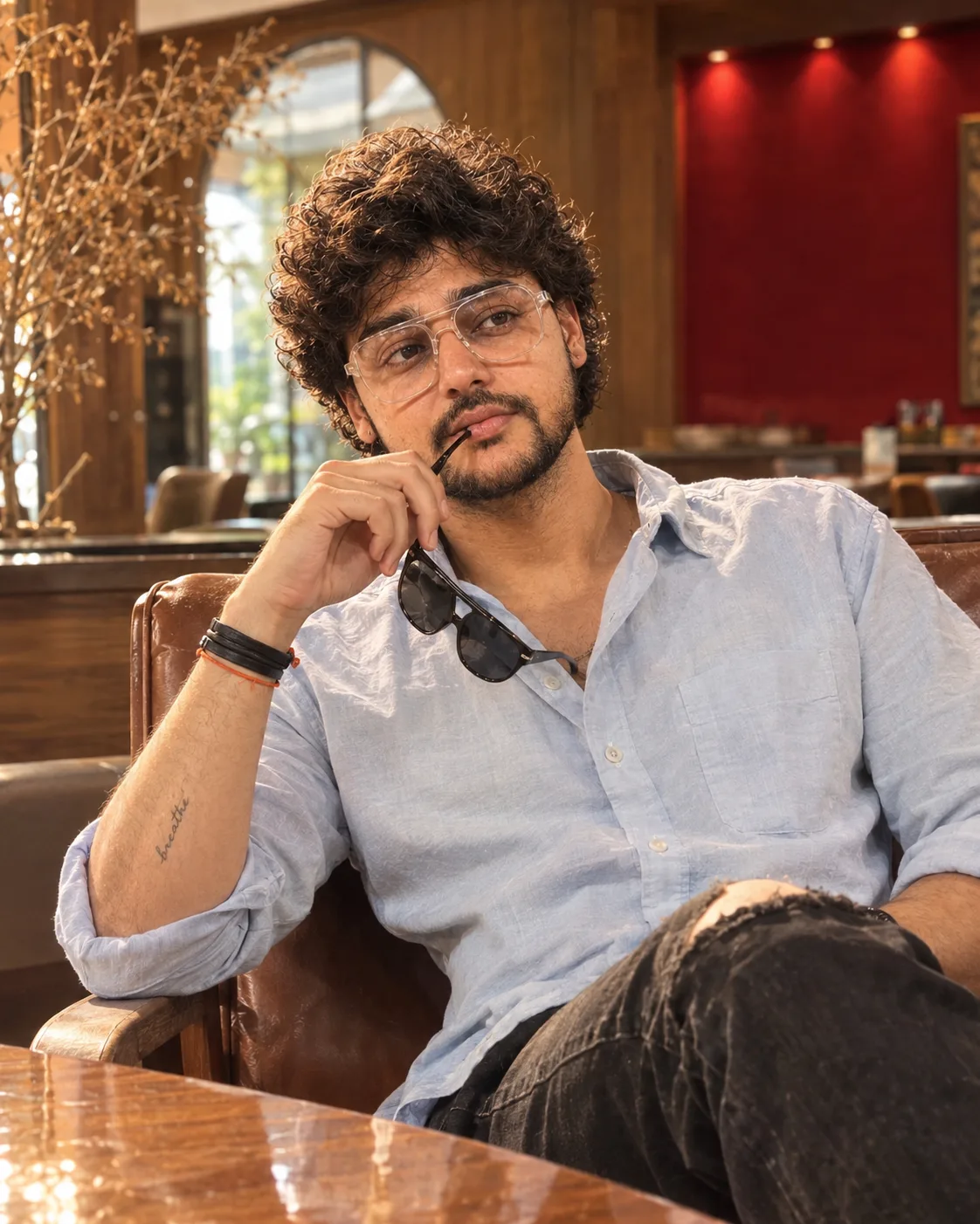 "A stylish lifestyle portrait of a young man with soft, bouncy dark brown curly hair styled in a loose, tousled fringe, gazing off to the
