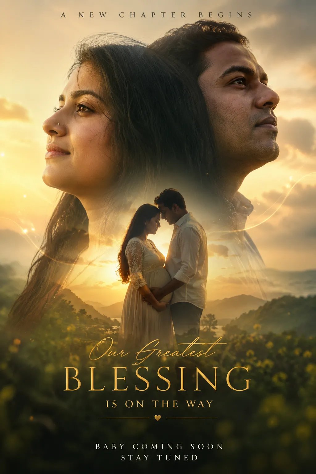 New BABY PRONT- ⤵️ Romantic maternity announcement poster, double-exposure cinematic design featuring a young couple in large side-profile