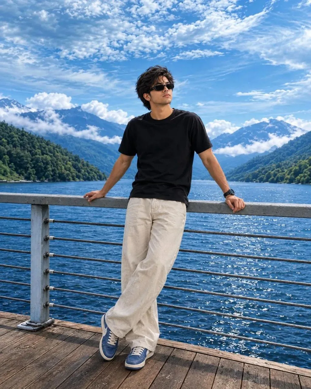 A moody, cinematic, golden-hour night portrait of a young man with curly dark hair, wearing black sunglasses and a light cream linen shirt,