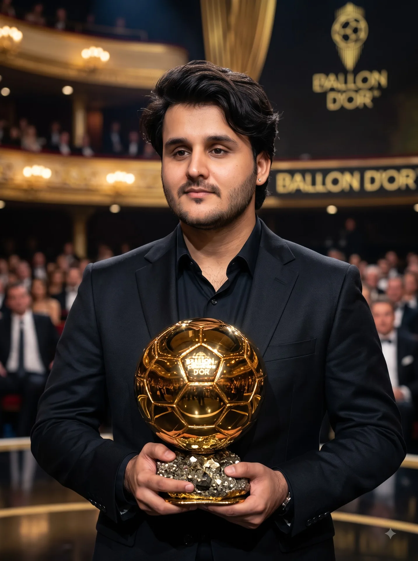 "An ultra-realistic cinematic portrait of an elite male football player holding the shimmering golden Ballon d’Or trophy on stage at an