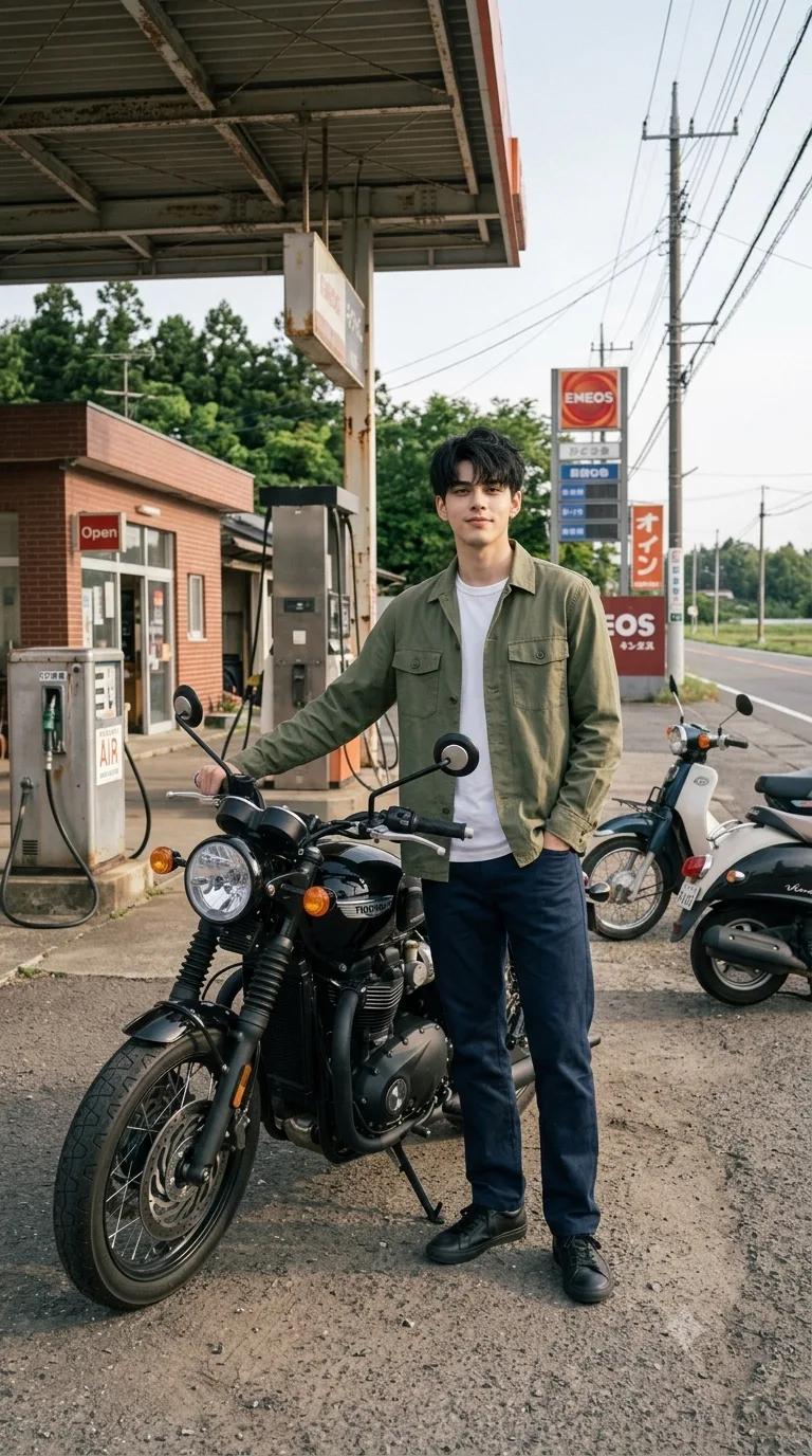 Ultra realistic full body photograph of a young man standing naturally beside a classic black motorcycle parked outside a quiet roadside