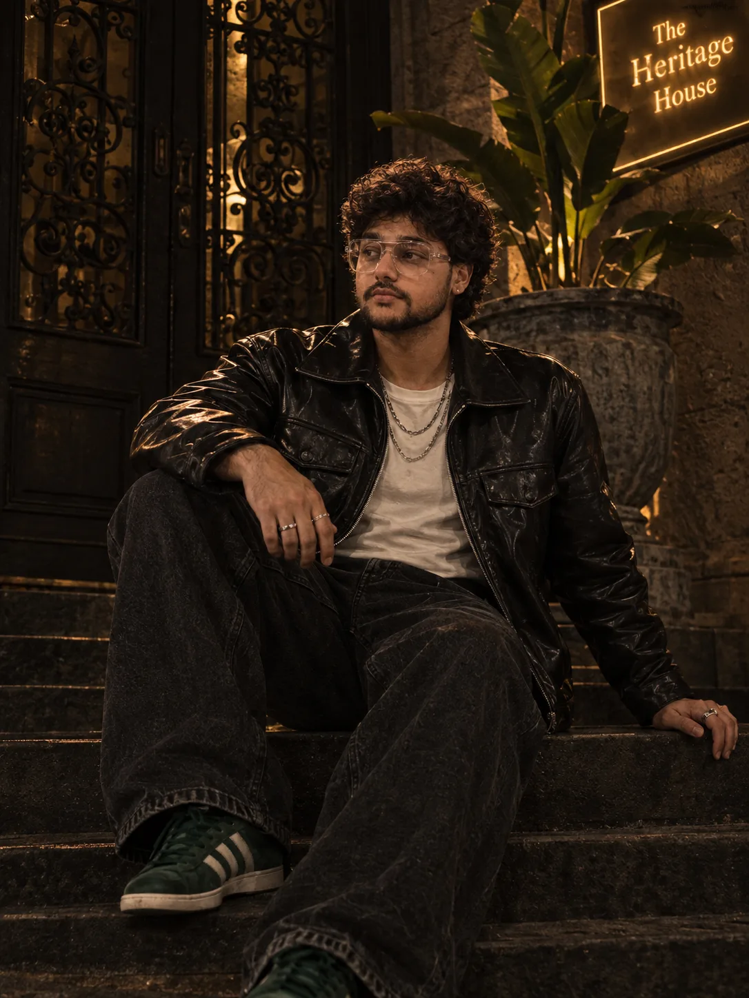"A moody, cinematic night street-style portrait of a young man with short, thick black hair styled in a tousled, swept-up quiff, a neatly