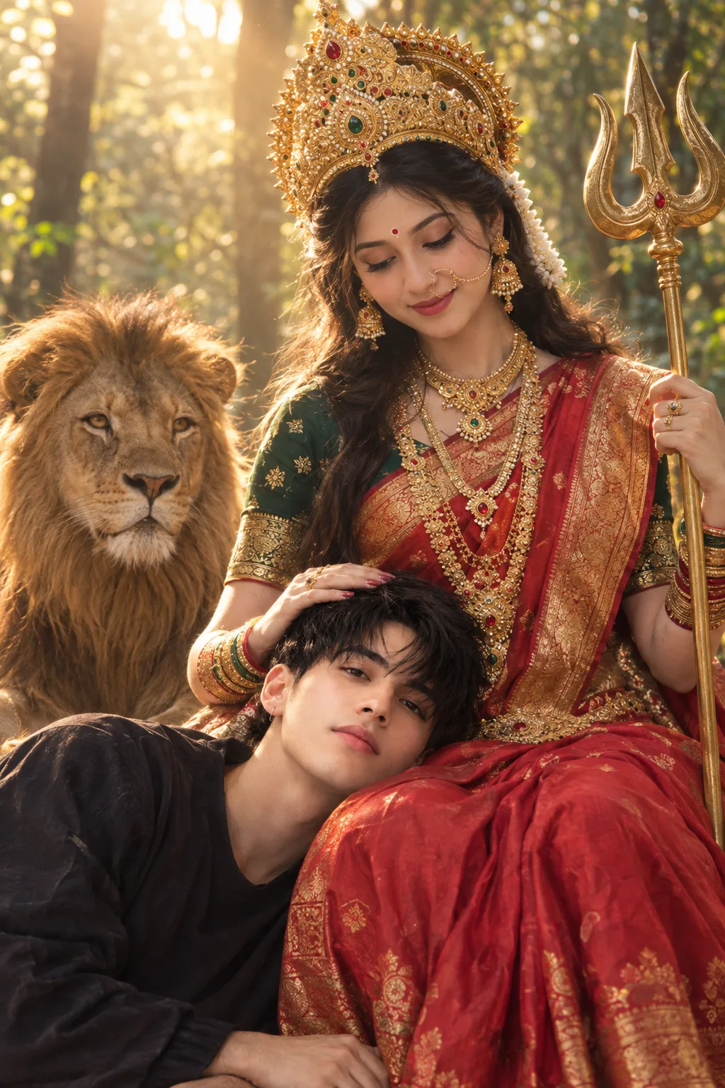 Ultra realistic cinematic photograph of a young Indian man peacefully resting his head on the lap of Goddess Durga in a serene forest, shot