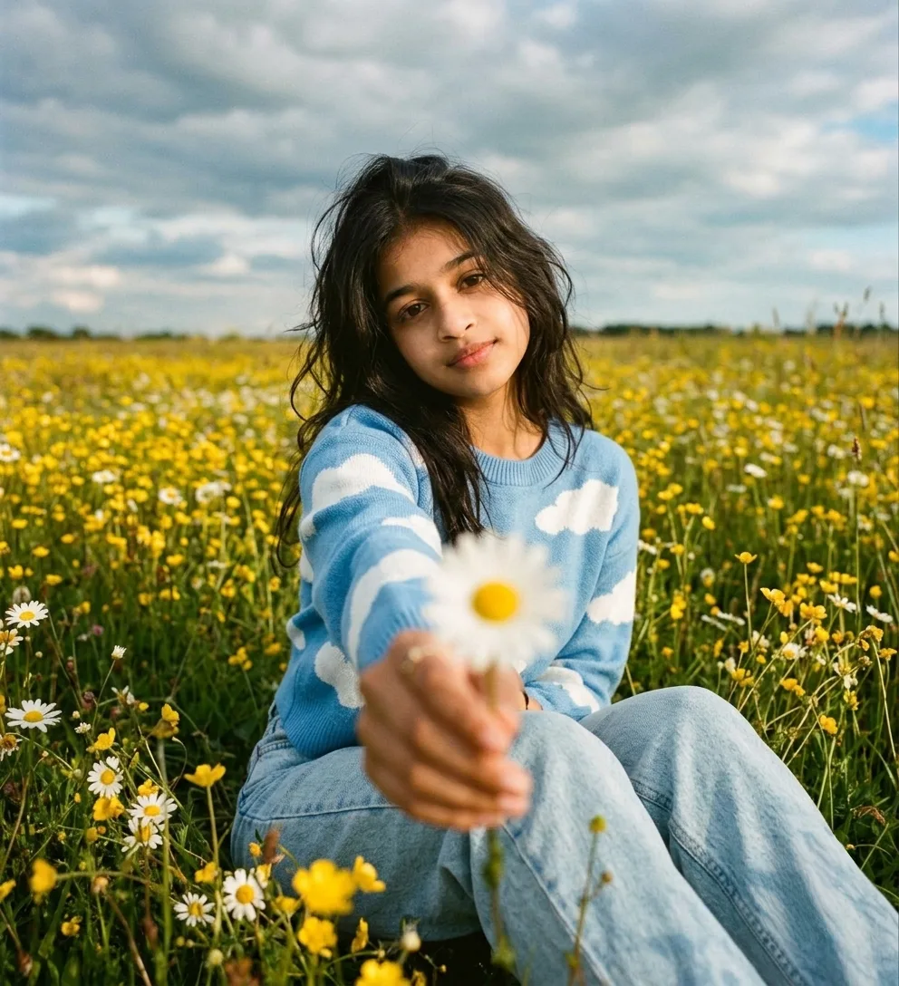cinematic, wide-angle portrait of her sitting in a wildflower field during the day.