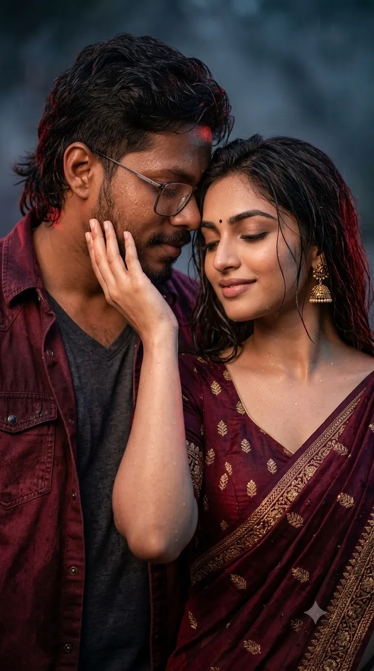 Create a photorealistic close-up cinematic portrait of a South Asian couple captured from a straight-on, eye-level camera angle, with no