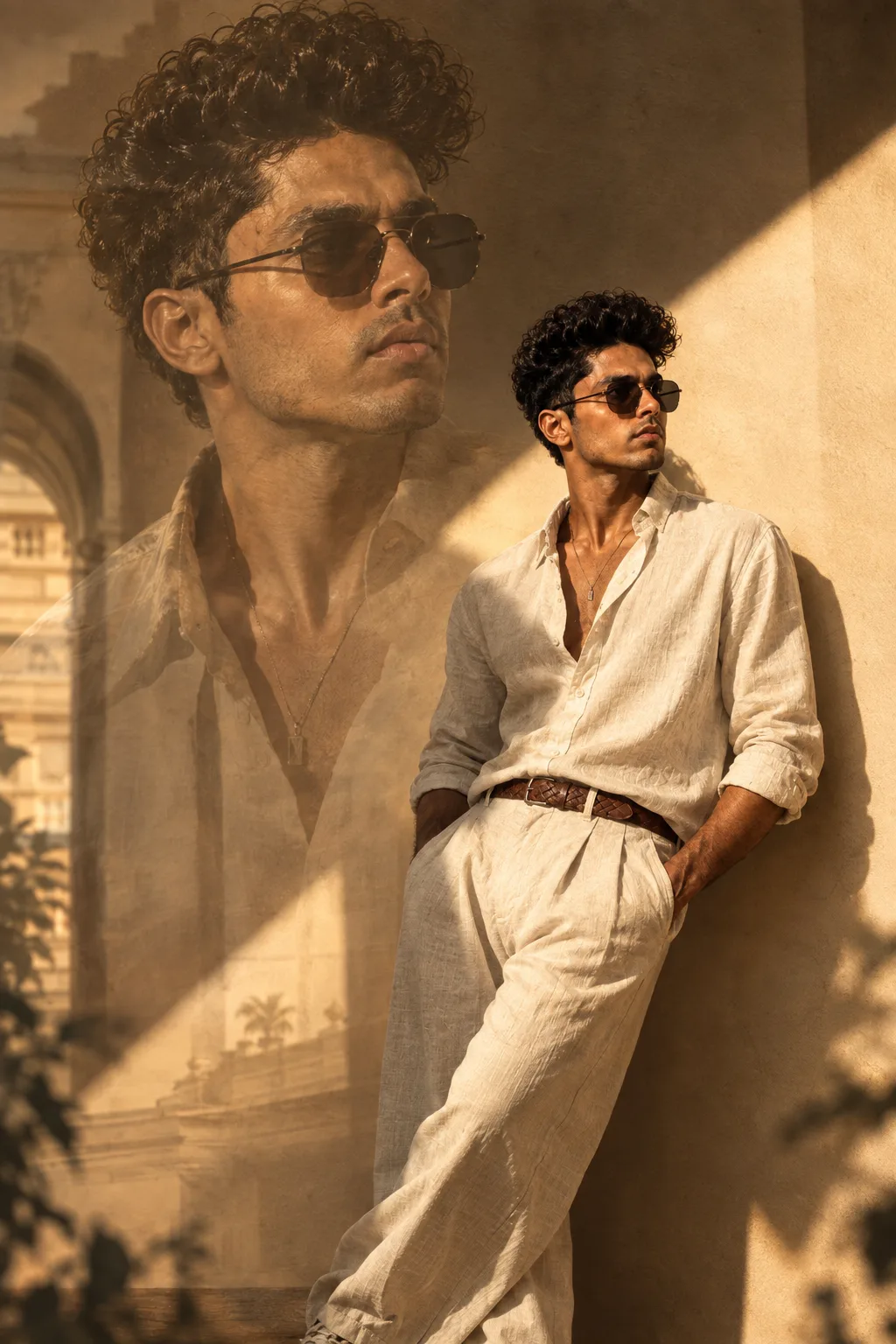 👇 > Prompt: Ultra-realistic high-fashion cinematic double-exposure portrait of a young South Asian man with thick, naturally curly black