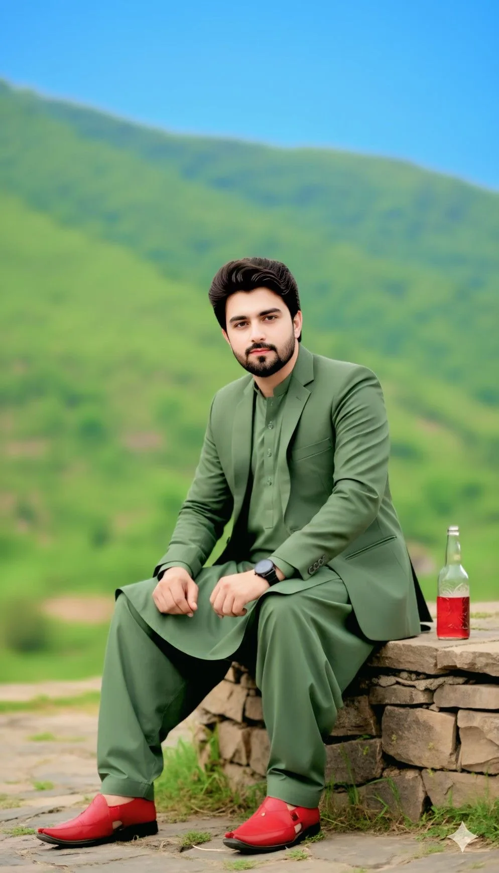 A realistic, high-quality full-body portrait of a handsome Pakistani man sitting on a rustic stone wall.