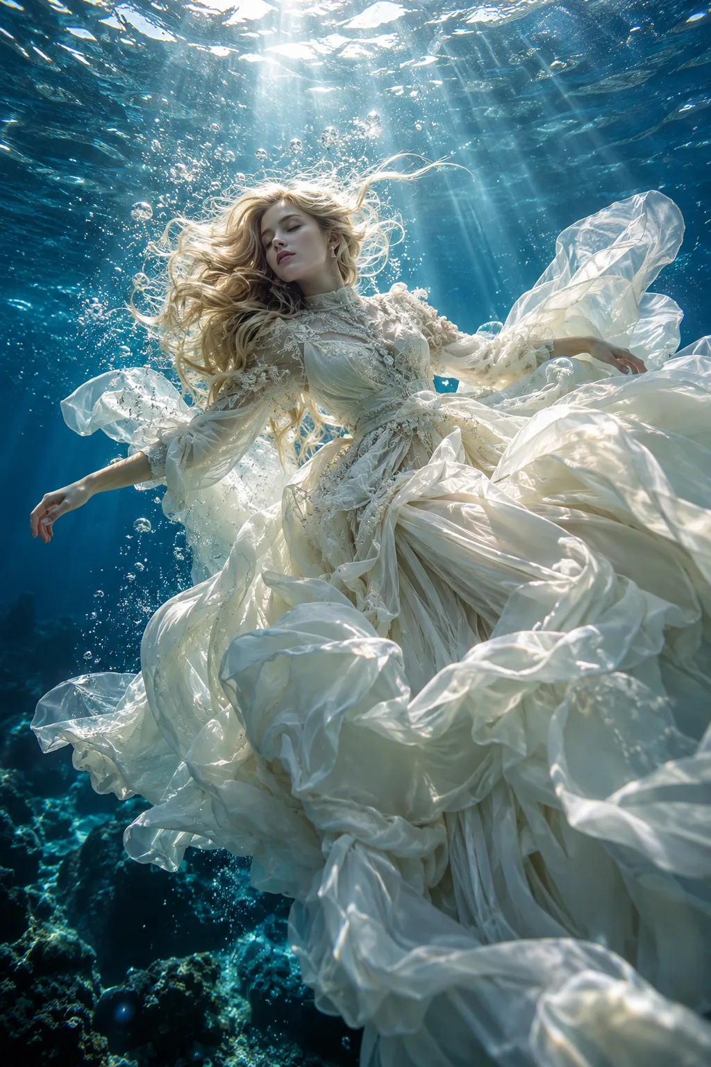 Create an Ultra-photorealistic underwater fashion editorial, elegant woman floating gracefully in a full-coverage ivory haute couture gown,