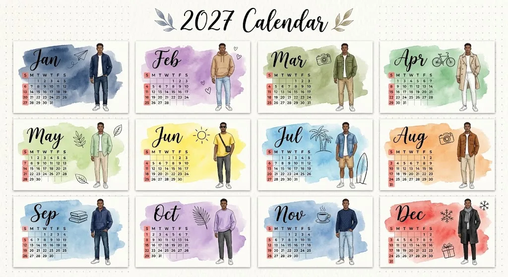 A watercolor sketch-style 12-month calendar layout for 2027 on textured paper with subtle dotted background.