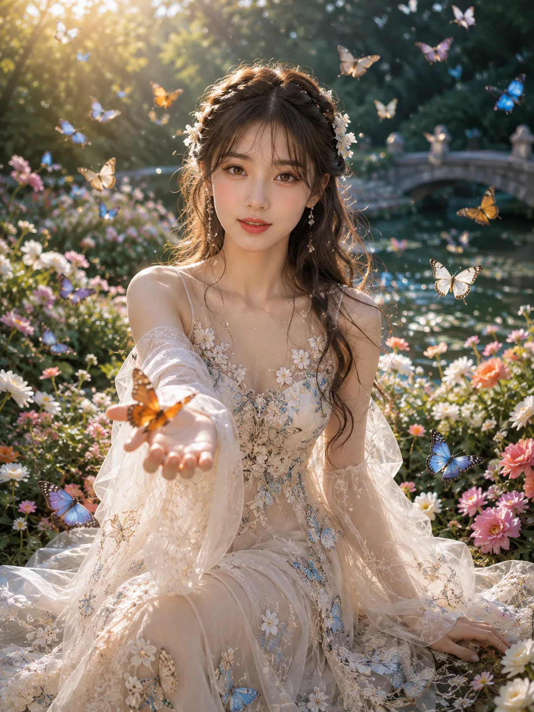 Create a high-resolution, photorealistic knee-up portrait of a young adult woman sitting gracefully in a flower garden beside a peaceful