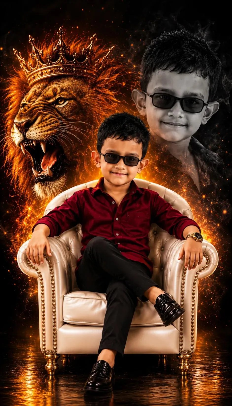 New Prompt:- Ultra-realistic portrait of a stylish South Asian little boy, 6–8 years old, exact same face, fair wheatish skin, round