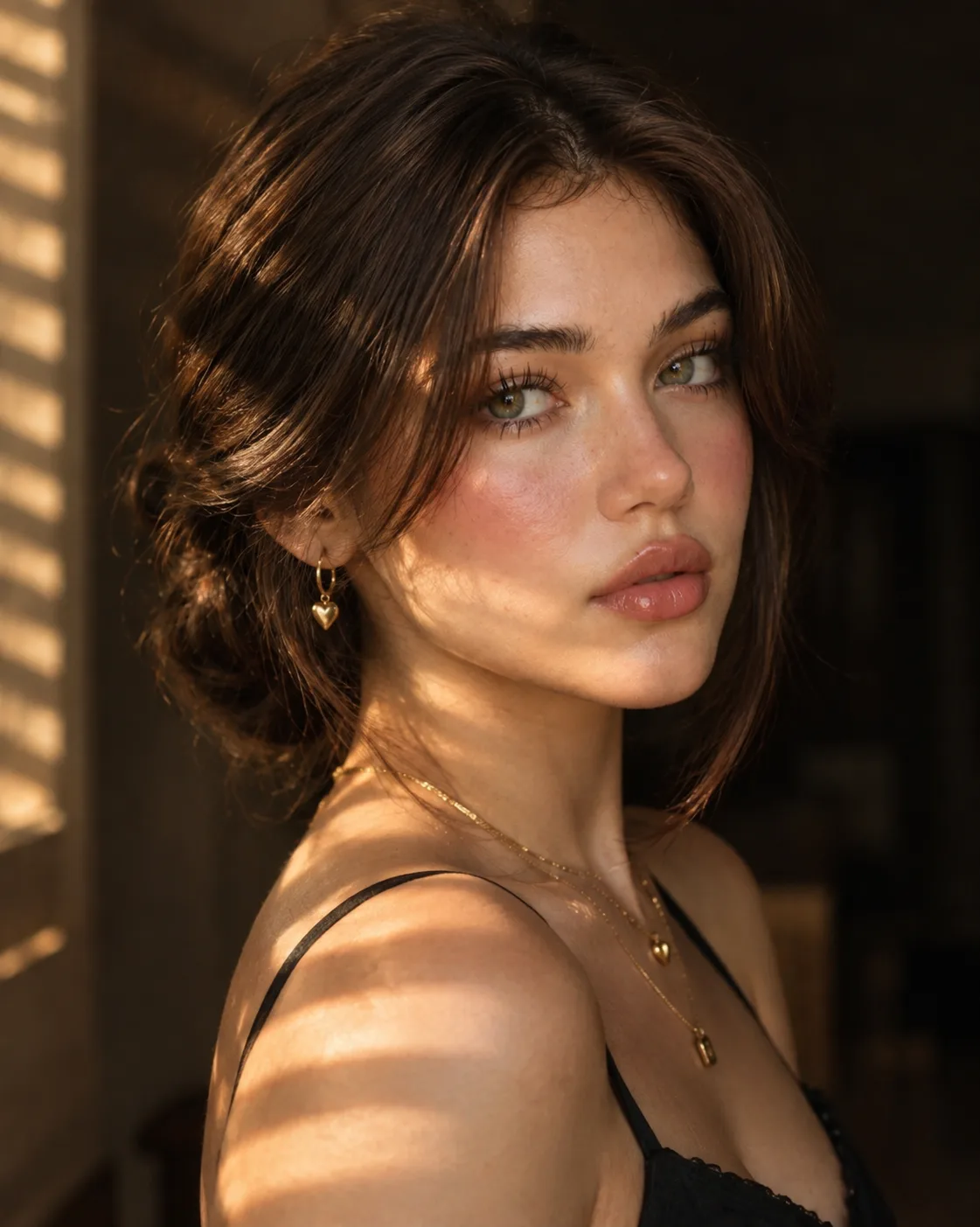 A hyper-realistic fashion portrait of a striking young woman captured in a close-up shoulder-up composition, viewed from a subtle side