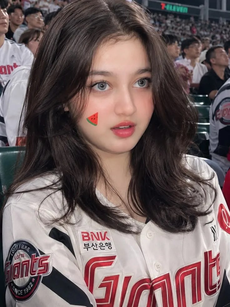 A photorealistic close-up portrait of a young woman sitting in the audience at a lively baseball stadium.