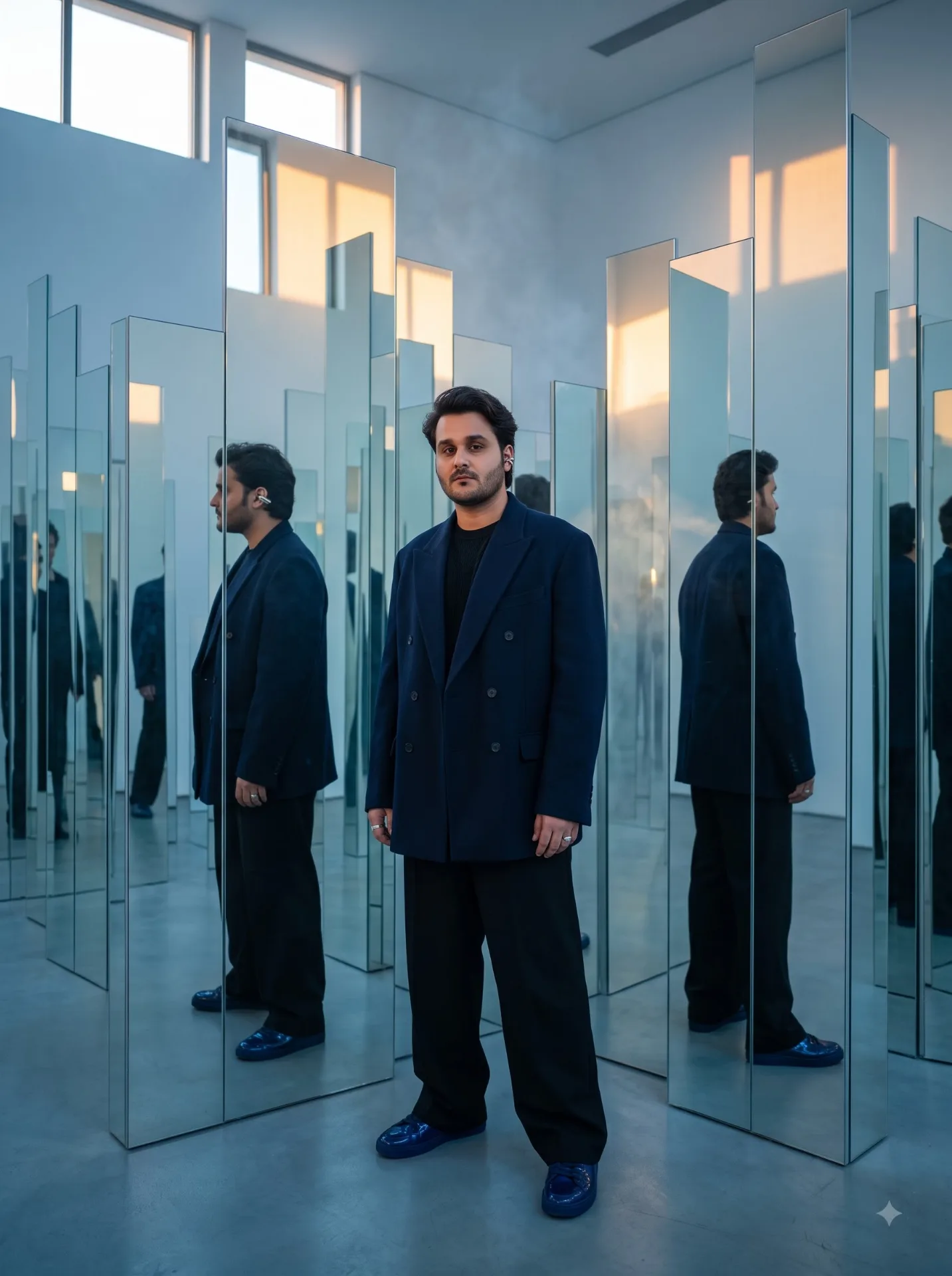 Experimental luxury fashion portrait inside a monumental minimalist gallery installation, using my supplied reference image to maintain