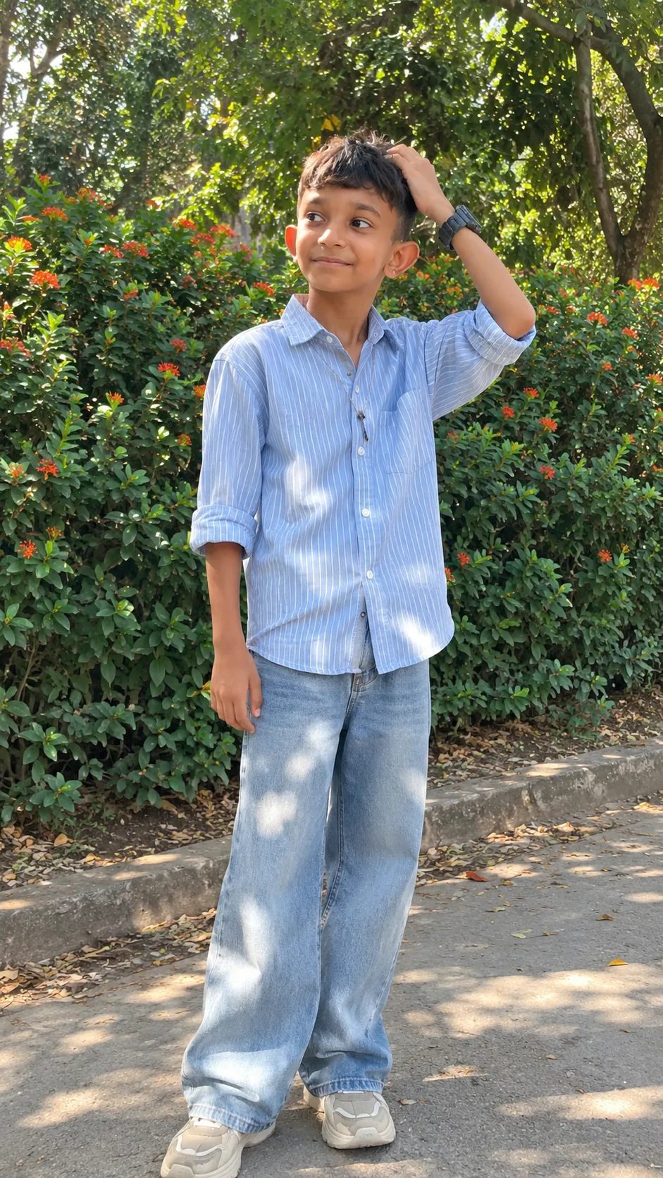 @Create image Create a highly realistic full-body photograph of a young man standing naturally in a beautiful lush green garden.