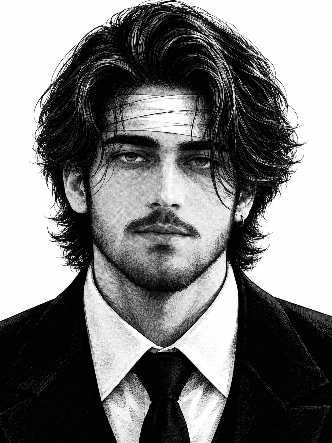 **A highly detailed black-and-white anime/manga-style portrait of a handsome young adult man, shown from the chest up, facing directly