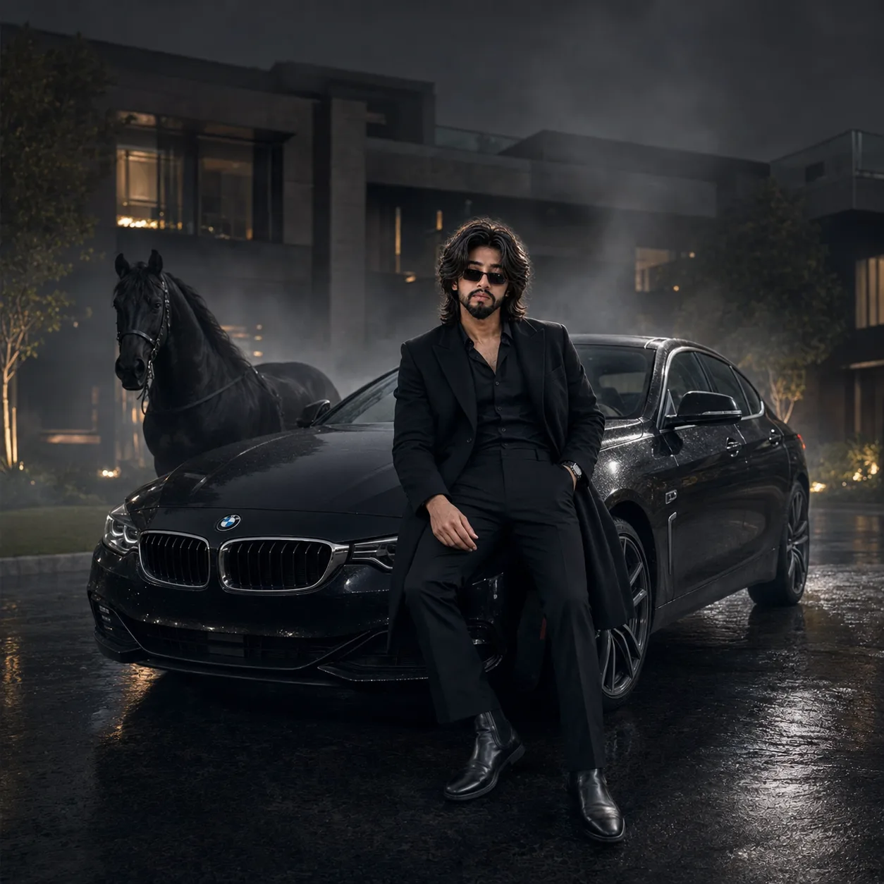 { "prompt": "A medium-full shot captures a man with long, wavy dark hair and sunglasses, seamlessly maintaining the 100% identity of the