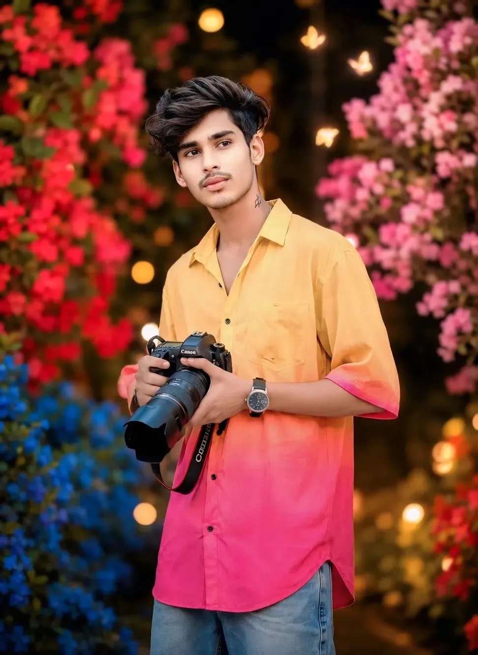 enerate an ultra realistic photo of the uploaded handsome person wearing a loose fitting deep yellow & Pink gradient half sleeve shirt