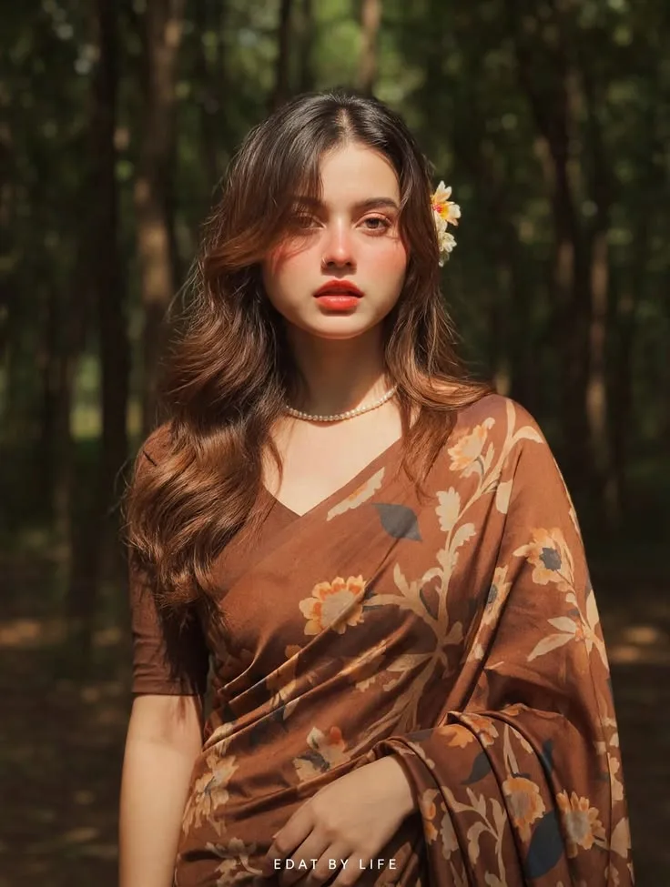 Create a photorealistic vertical 4:5 portrait of a young Indian woman standing gracefully in a serene, dense forest during warm golden-hour
