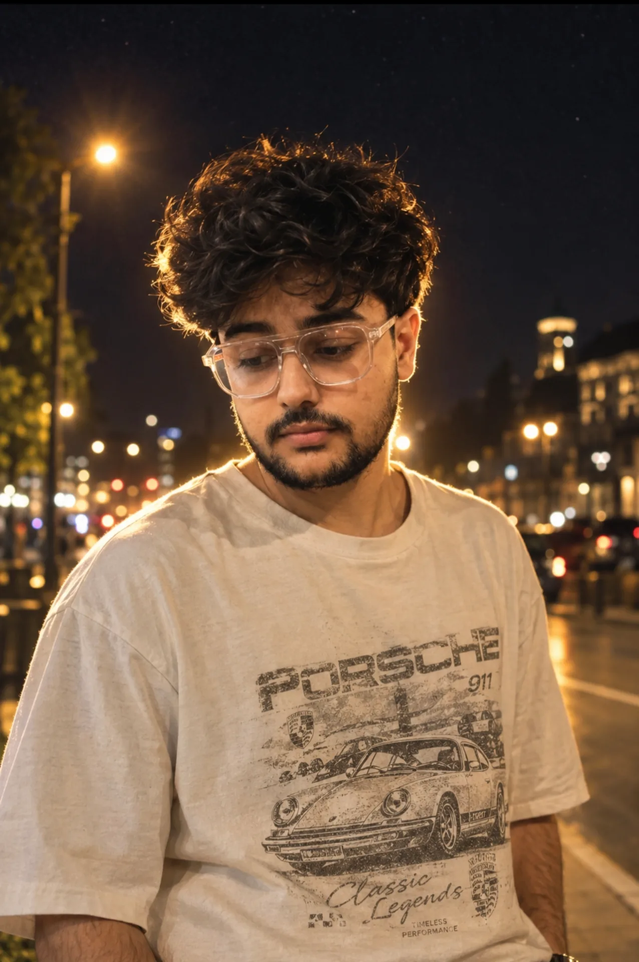 A cinematic night-time street portrait of a young South Asian man with messy, curly hair looking downwards.