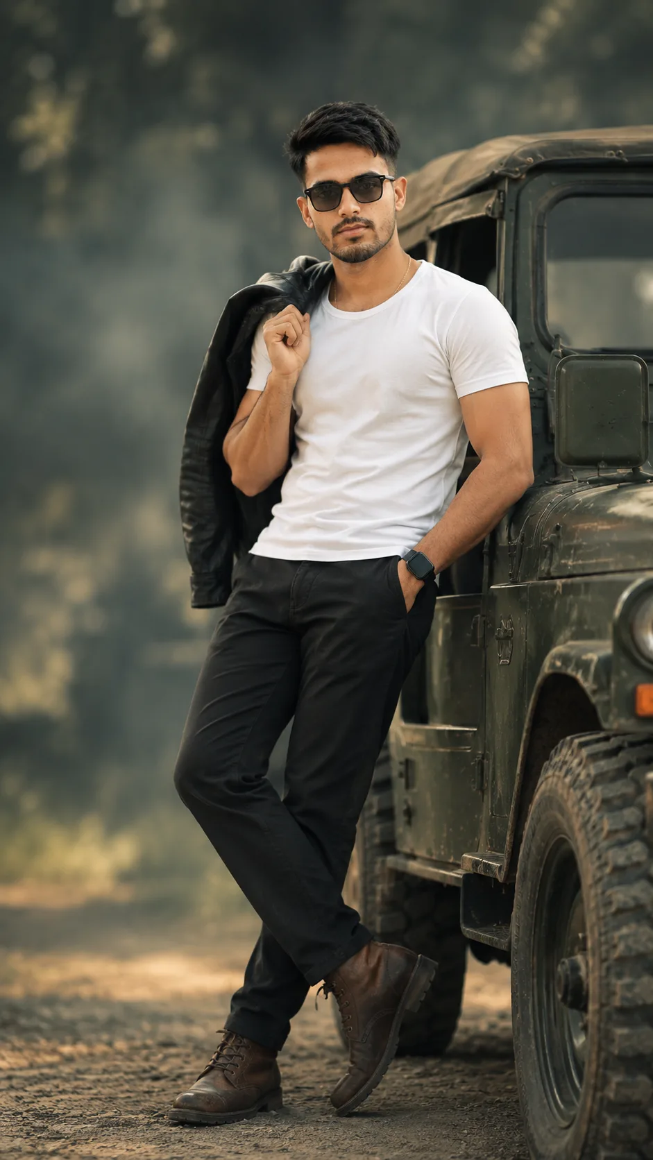 Ultra-realistic full-body fashion portrait of a handsome young Indian man standing confidently beside a black off-road SUV.