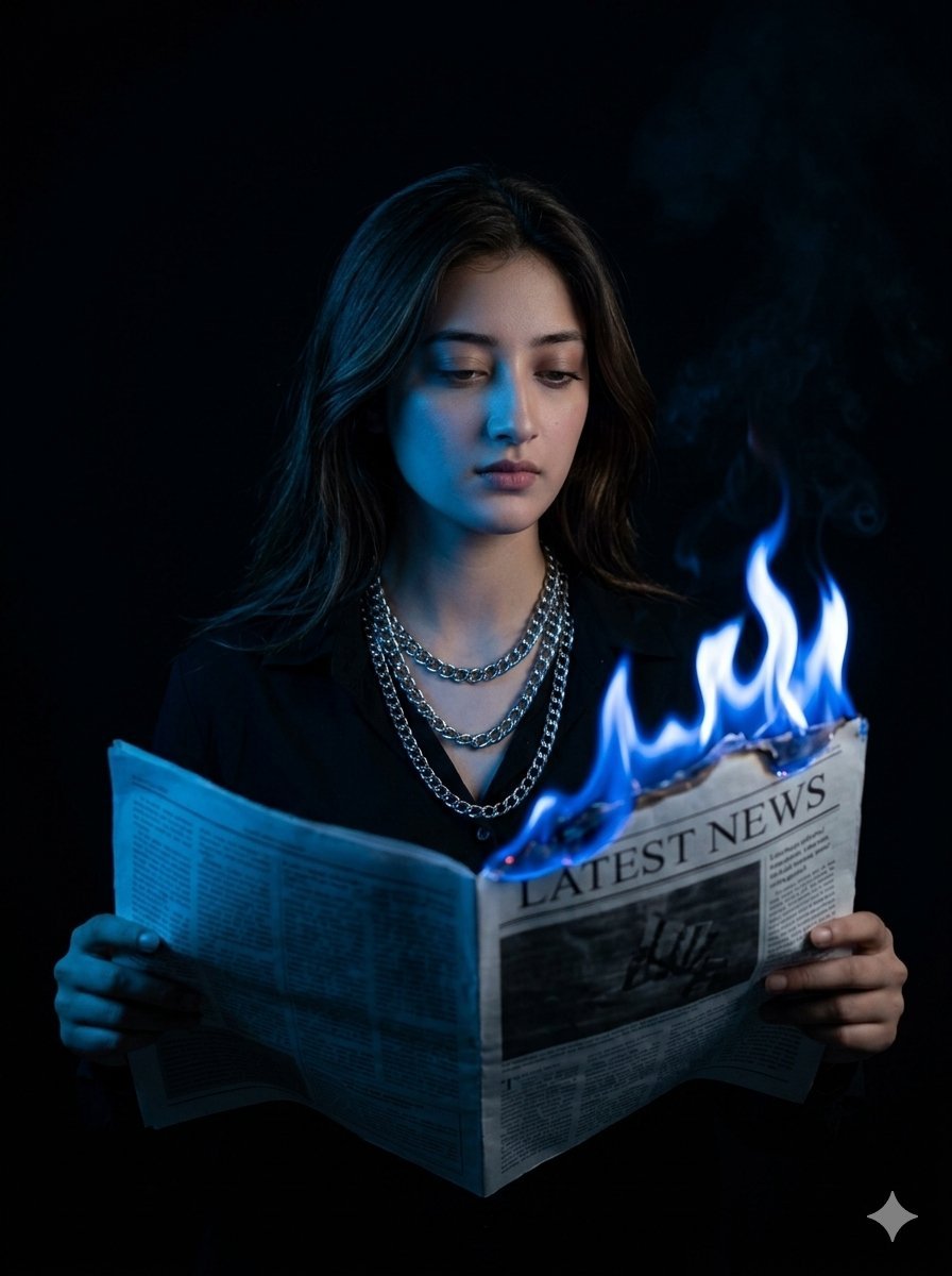 Image using on Gamini nano banana pro Prompt💬 👇 A cinematic portrait of a young woman standing against a solid black background, holding