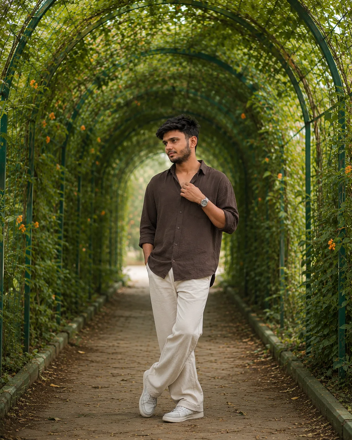 Prompt: Create a highly realistic, ultra-detailed outdoor fashion portrait inspired by the reference image.