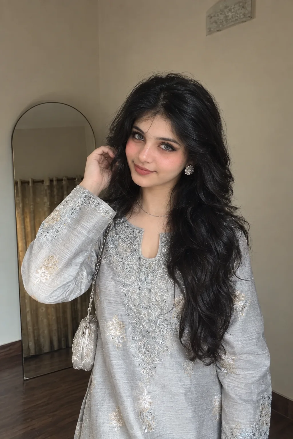 Create an ultra-realistic photorealistic portrait of a young woman wearing an elegant silver-grey traditional kurta with intricate