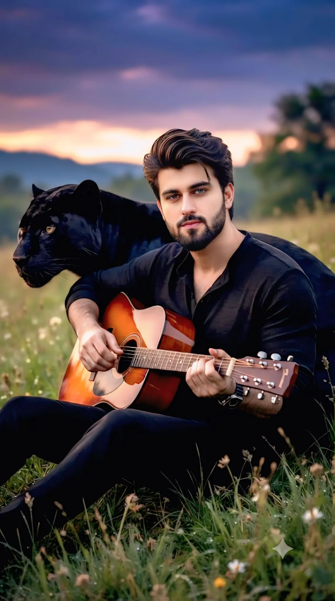 A cinematic portrait of a handsome Middle Eastern man with a well-groomed beard and blue eyes, wearing a black casual shirt, sitting in a