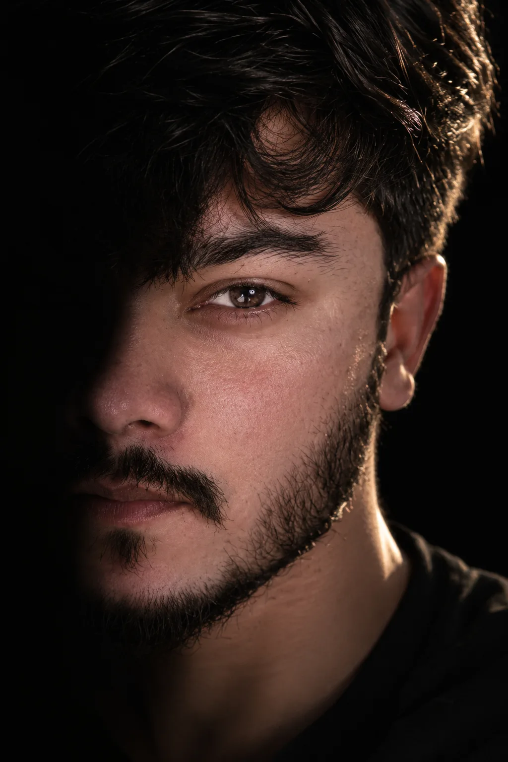 Ultra-realistic luxury perfume campaign photograph of a strikingly handsome young man in his early 20s, extreme close-up portrait, only one