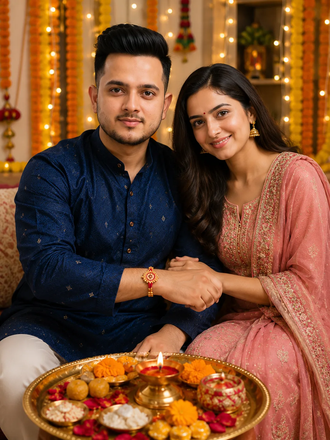 Create an ultra-realistic premium Indian festive family portrait featuring a young Indian brother and sister celebrating Raksha Bandhan