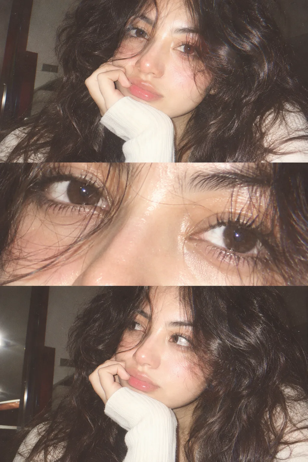 Ultra-realistic Y2K-inspired flash photography collage using the 99 uploaded face exactly.** A young woman with voluminous dark curly hair,