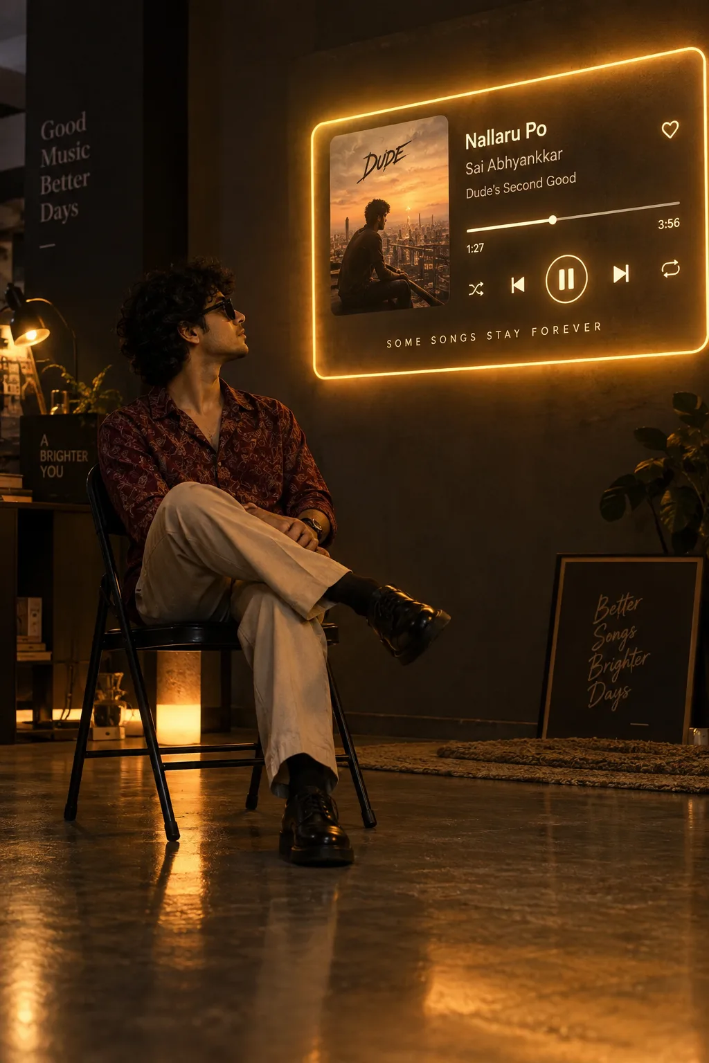 A cinematic, moody indoor scene with warm amber lighting and deep shadows.