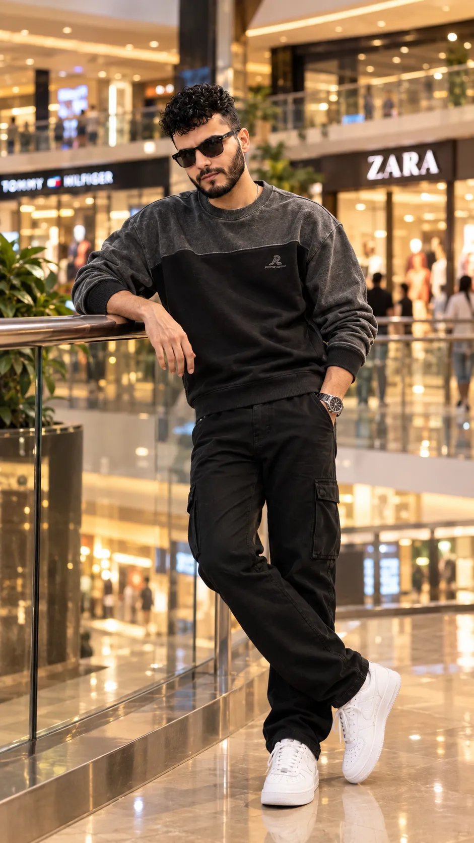 Prompt ⬇️ @anand.sandilya2 A stylish young South Asian man in a luxury mall, full-body pose, grey-black sweatshirt, black trousers, white
