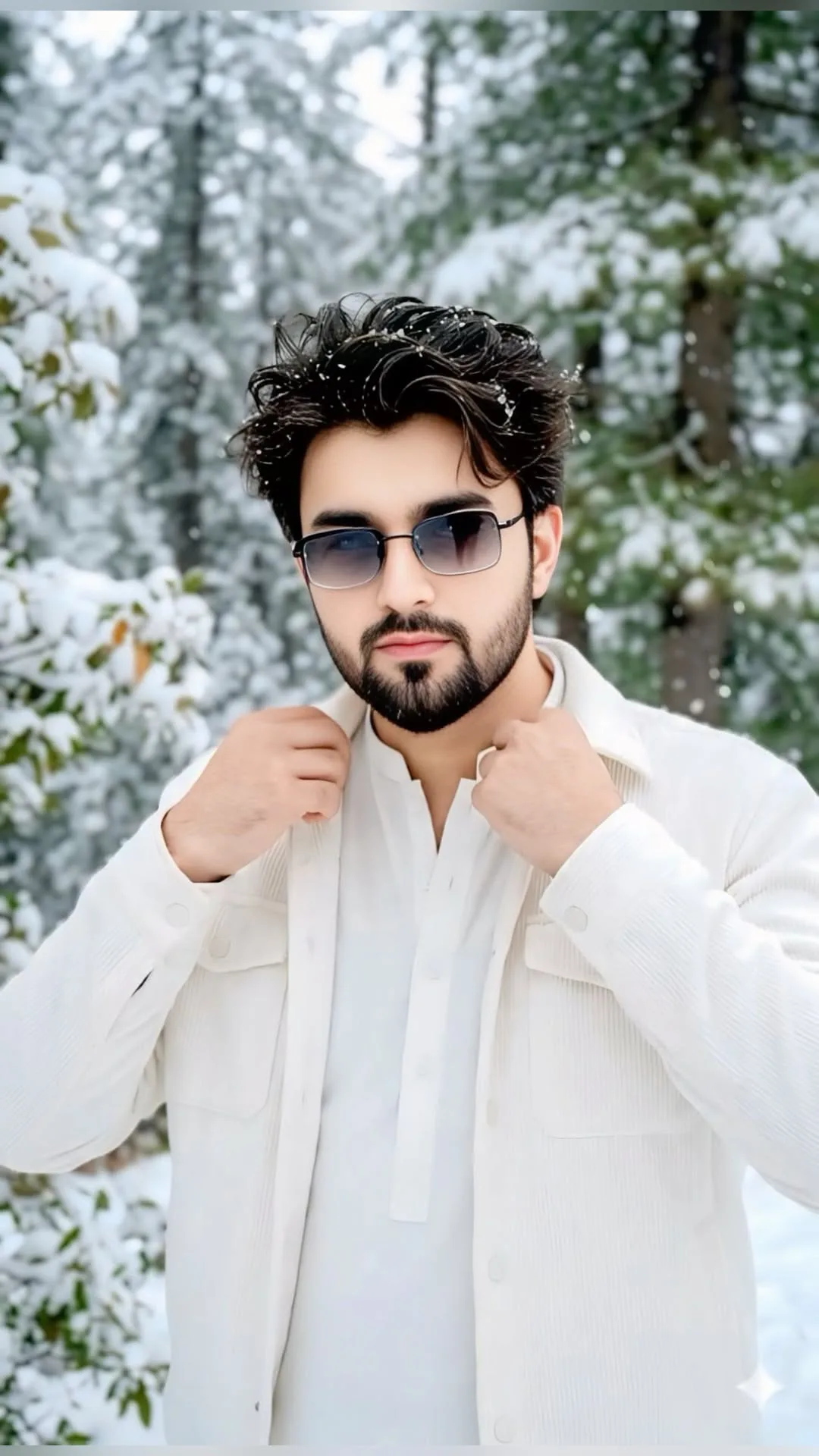 A beautiful medium shot of a handsome South Asian man with a sharply lined beard and thick, messy dark hair with light snow sprinkles on