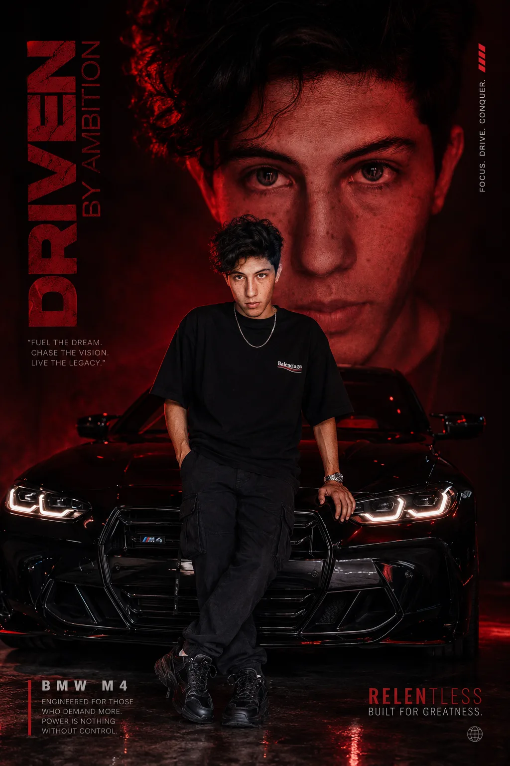 Ultra-realistic 8K cinematic poster of a young man standing confidently in front of a glossy black BMW M4, casually leaning against the