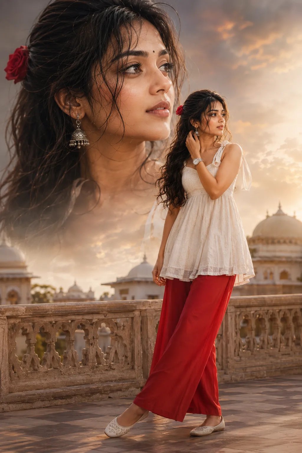 Aipromptsgenz Cinematic Bollywood photo (2:3), full body girl in red palazzo and white sleeveless kurti tied at shoulder, hair open with