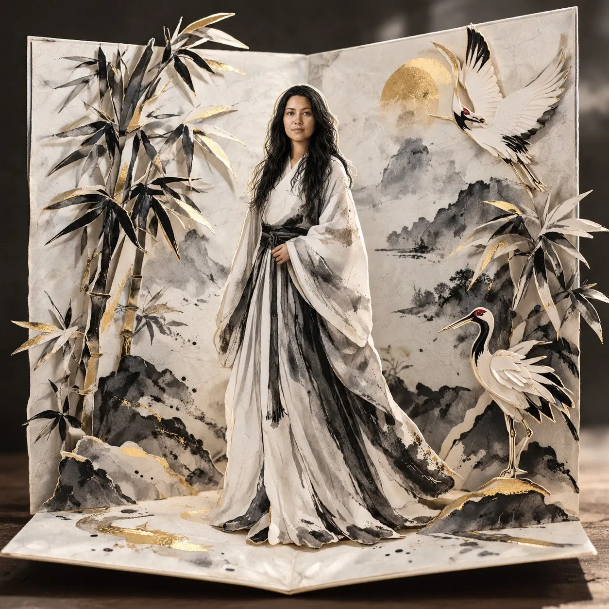 3D pop-up greeting card, full body figure of the person from the reference photo, [REFERENCE PHOTO], Chinese ink wash art style, elegant