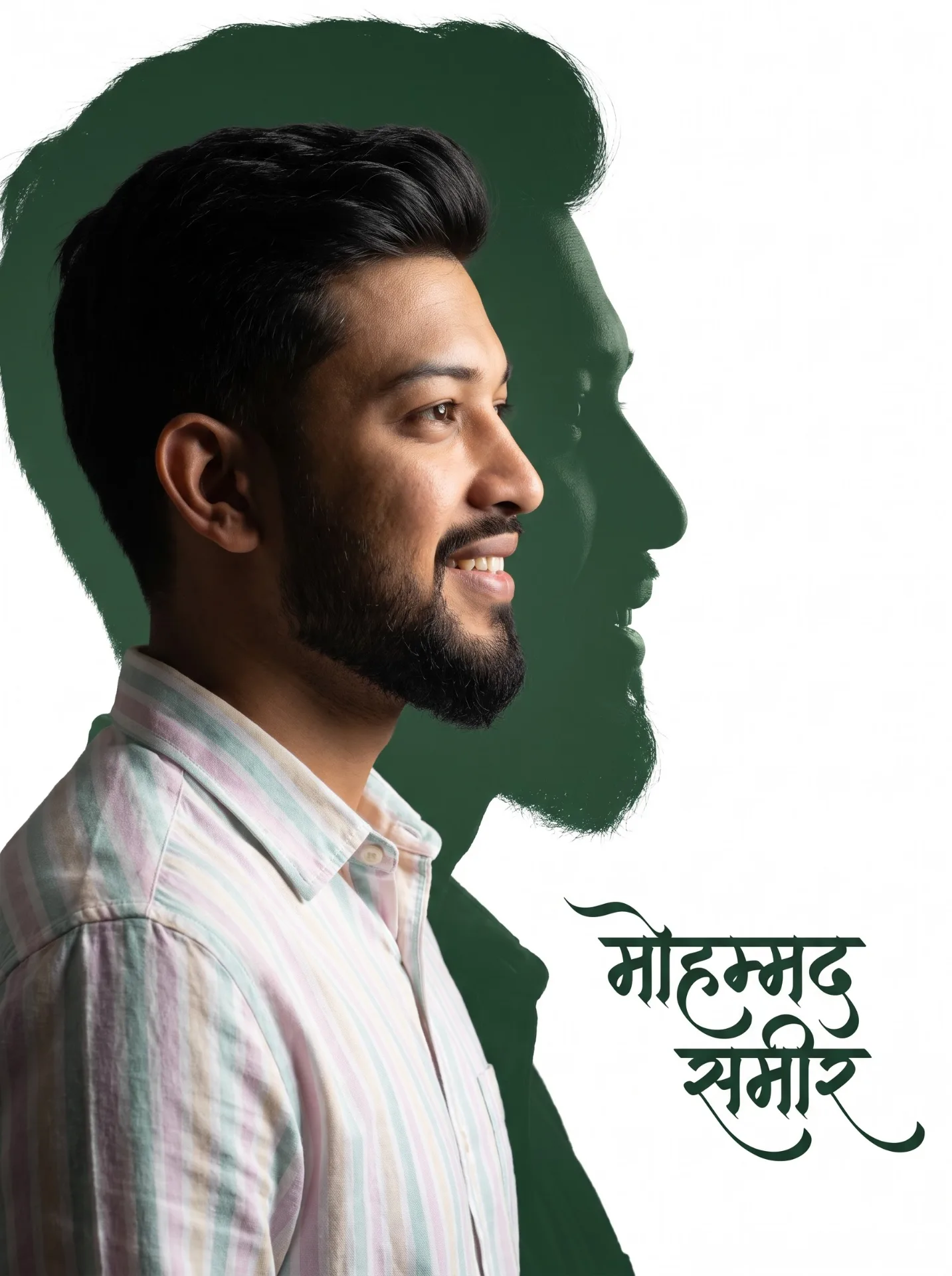 "A high-quality cinematic double exposure portrait poster of a stylish young Indian man smiling confidently, with a modern, trimmed beard .
