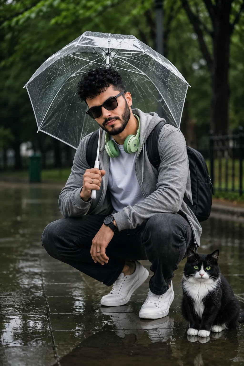 A realistic digital photograph of a young South Asian man with a neat beard and stylish dark hair, crouching on a wet park pathway.