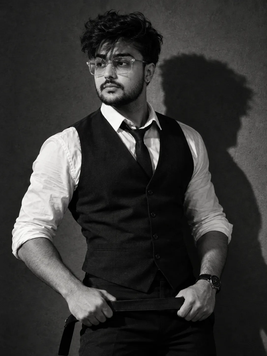 Ultra-realistic cinematic black-and-white fashion portrait of a handsome young adult man standing against a plain textured studio wall,