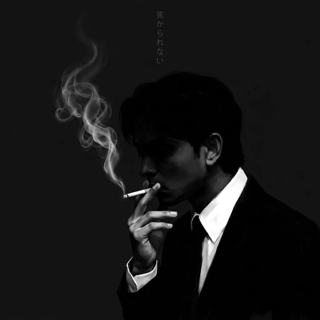 Ultra-dark monochrome digital painting of a mysterious young man keep it real face from uploaded image in a black suit and white dress