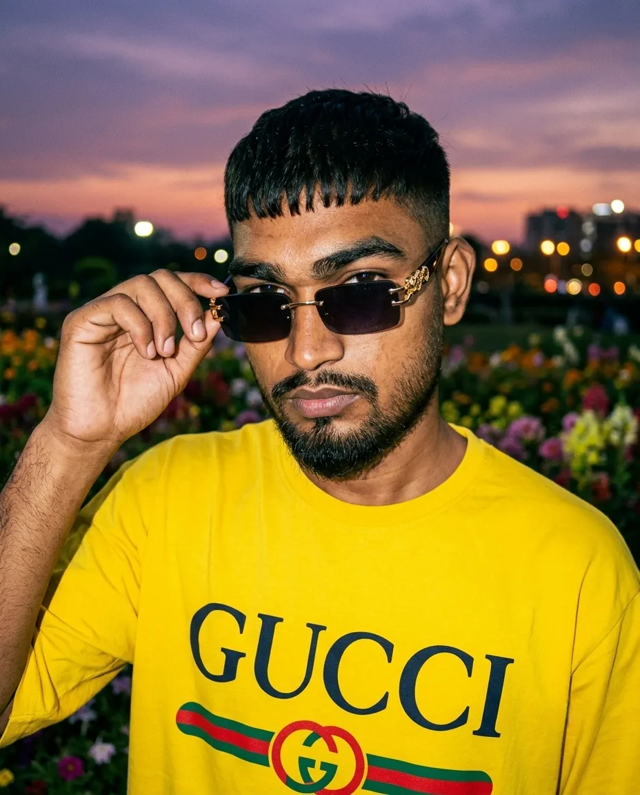 Prompt: A medium close-up, raw direct-flash portrait of a stylish young South Asian man in his early 20s, looking directly at the camera at