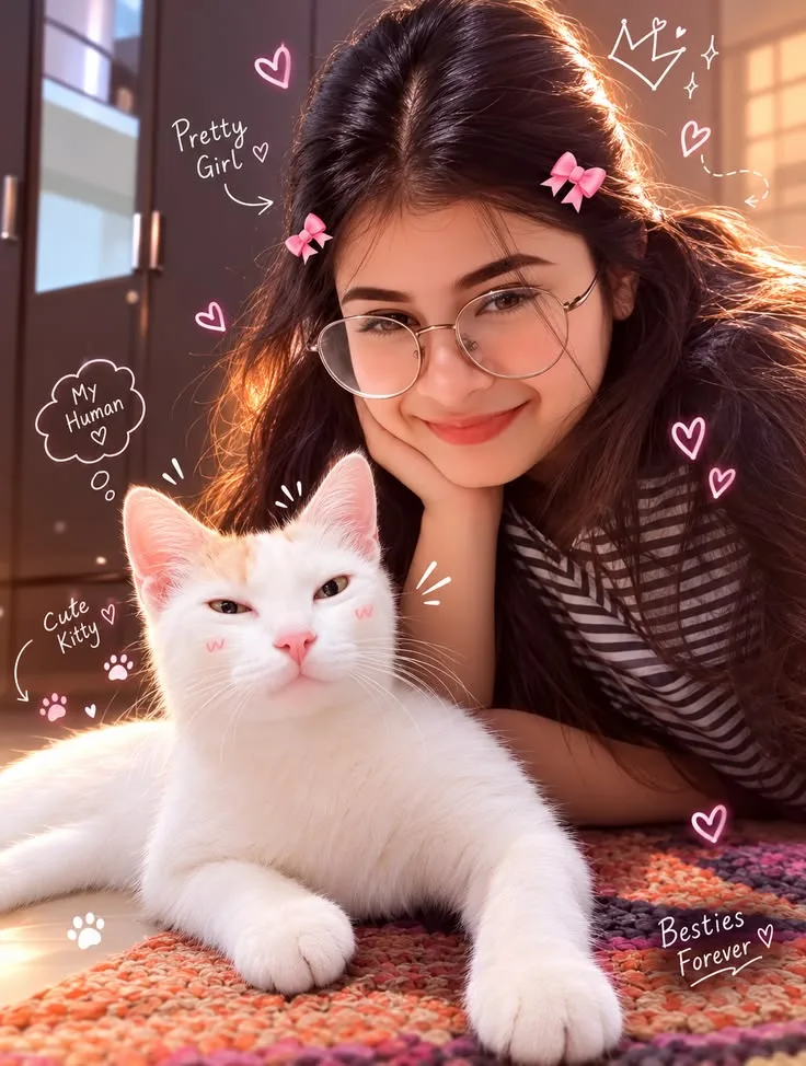 Create an ultra-realistic, warm and adorable vertical portrait of a young girl posing affectionately with a cute white kitten.
