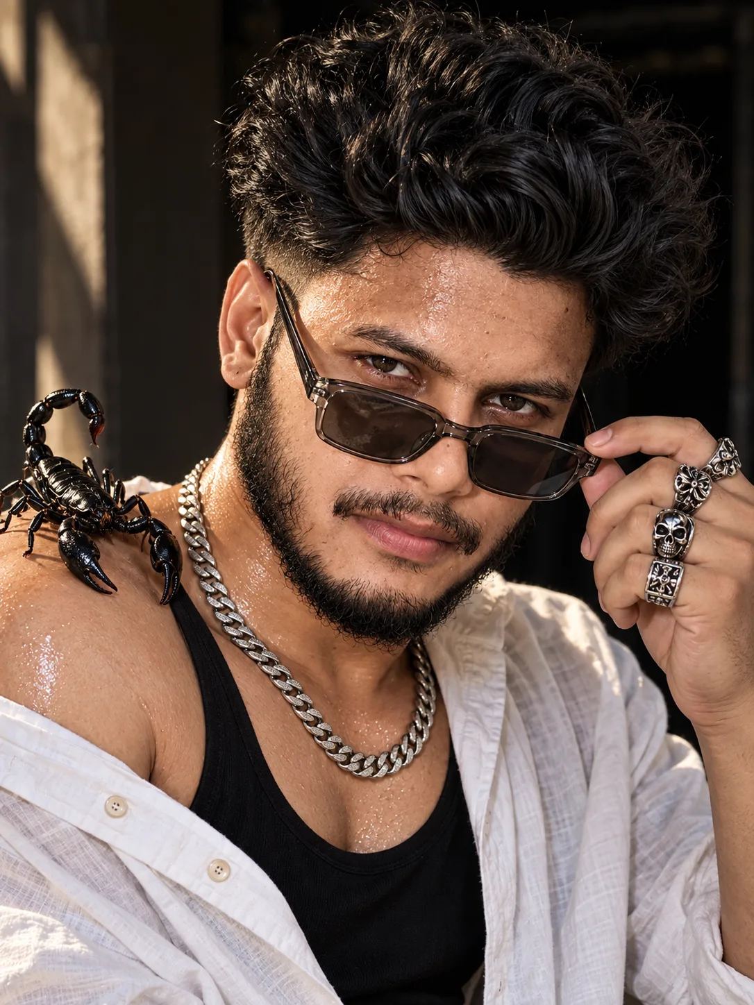 Create an ultra-realistic, high-detail cinematic close-up portrait of a stylish young South Asian/Indian man, using the uploaded reference